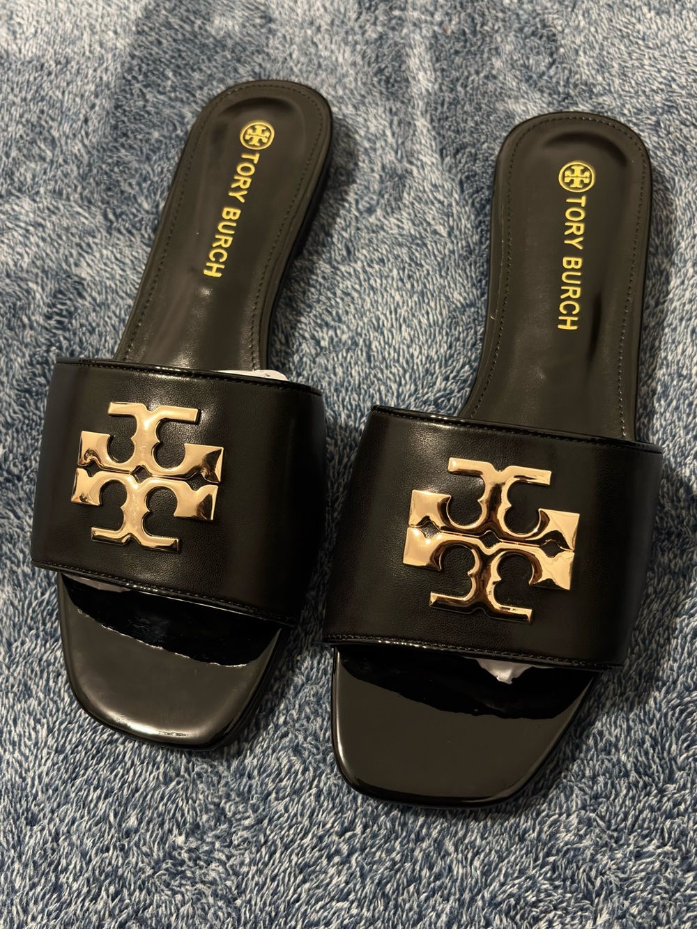 Tory Burch Black Slide Sandals with Gold Emblem